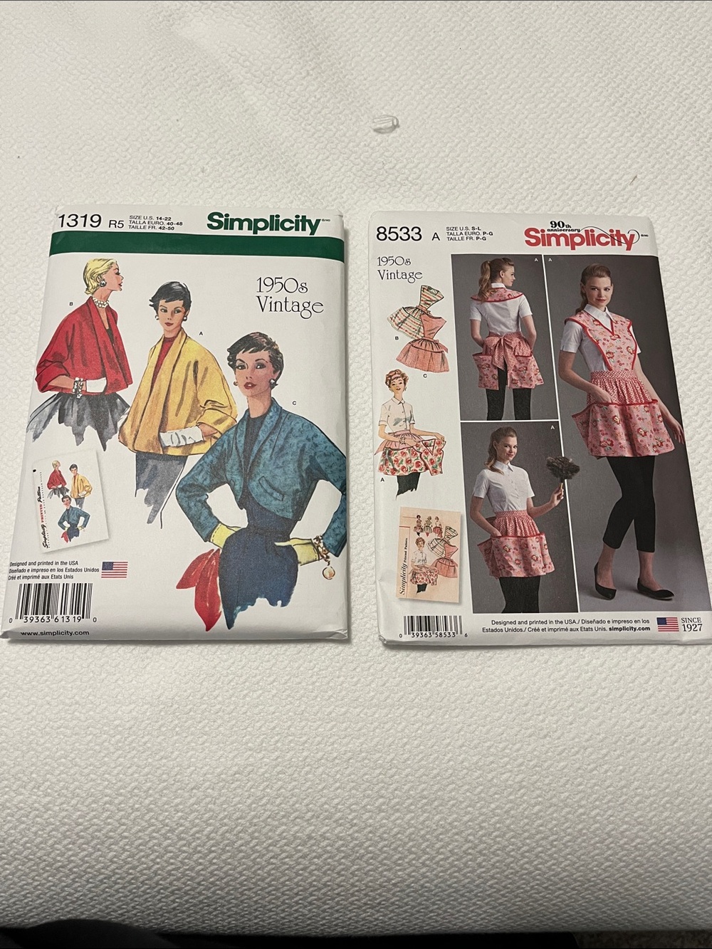 2 Simplicity women’s 1950’s Vintage Patterns - Pink and Red Apron & Jackets